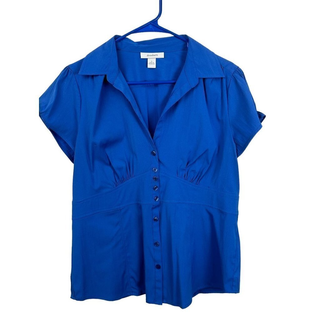 Dressbarn Royal Blueโ Short Sleeve Button Down Empire Waist Blouse Large